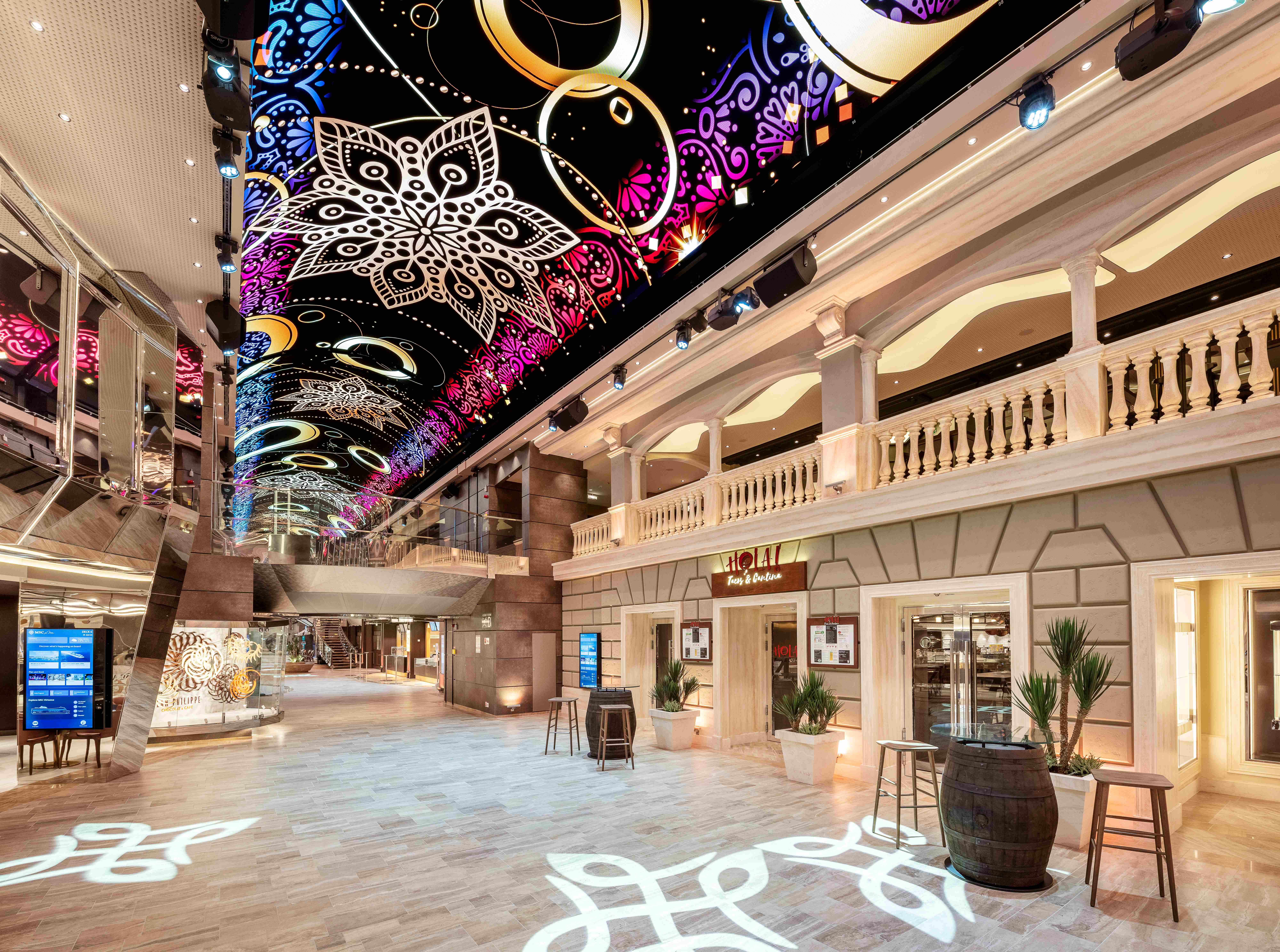 Elegant ship promenade with shops